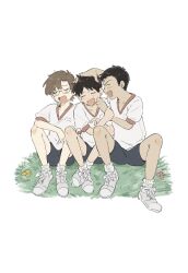  3boys aida_kensuke arm_on_knee black_hair blush brown_hair closed_eyes commentary_request facing_another full_body glasses gym_uniform hand_on_another's_head happy highres ikari_shinji knees_up laughing male_focus multiple_boys neon_genesis_evangelion on_grass open_mouth oshio_(baniniwana) round_eyewear shoes sideburns simple_background sitting socks suzuhara_touji white_background white_shoes white_socks 