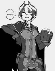  1girl alcohol allsu_official beer beer_mug coat cup elbow_rest english_text grey_background greyscale hair_horns hashtag-only_commentary highres holding holding_cup looking_at_viewer made_in_abyss monochrome mug multicolored_hair ozen short_hair simple_background smile standing streaked_hair 