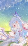  2girls a_jiu_jintian_zao_shuile_ma absurdres blue_hair blush butterfly_hair_ornament douluo_dalu dress flower grass hair_ornament hand_on_own_chest highres looking_at_another lying multiple_girls on_back ribbon sky starsclosed_mouth tang_wutong_(douluo_dalu) 