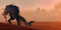  animal_focus dark desert dust fangs fantasy fog grey_fur horns immorthis monster no_humans original tail teeth walking wolf wolf_paws 