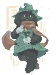  1boy animal_ears animal_feet black_fur body_fur brown_sleeves commentary_request deltarune dou_jiao_bei_w full_body furry furry_male glasses goat_boy goat_ears goat_horns green-framed_eyewear green_hat green_robe hat highres horns open_mouth orange_eyes orange_scarf pink_horns ralsei ralsei_(hat) robe round_eyewear scarf simple_background utdr_(toby_fox) white_background 