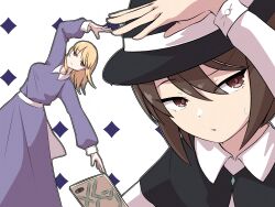  2girls :o back_bow black_capelet black_hat black_outline blonde_hair bow brown_eyes brown_hair capelet cellphone collared_dress collared_shirt commentary commentary_request dress eyes_visible_through_hair full_body hat highres iwoillust leaning_to_the_side long_sleeves maribel_hearn medium_hair multiple_girls no_headwear outline parted_lips patterned_background phone portrait purple_dress shirt smartphone smirk sweatdrop symbol-only_commentary touhou usami_renko violet_eyes white_background white_outline white_shirt 