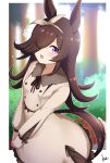  1girl alternate_costume animal_ears black_hair blurry breasts casual commentary_request hair_ornament hair_over_one_eye headband horse_ears horse_girl horse_tail kimukimu long_hair rice_shower_(umamusume) signature small_breasts solo tail umamusume 