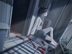  1girl balcony barefoot black_hair blood blood_on_clothes blood_on_face bloody_footprints commentary highres knife light_particles long_hair original plant potted_plant sakiika0513 short_shorts shorts sitting solo 
