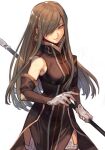  1girl bare_shoulders blue_eyes brown_hair closed_mouth eyebrows_behind_hair gloves hair_over_one_eye hankuri holding holding_polearm holding_weapon long_hair looking_to_the_side polearm smile solo tales_of_(series) tales_of_the_abyss tear_grants upper_body weapon 