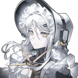  1girl absurdres apron bonnet chinese_commentary commentary expressionless facial_mark from_side haicma:_starveil_(pgr) haicma_(pgr) hair_between_eyes hair_intakes headgear highres looking_at_viewer looking_to_the_side maid maid_apron maid_headdress mark_under_both_eyes prototype_design punishing:_gray_raven sideways_glance simple_background solo ting_zhi_yue white_background white_bonnet white_hair yellow_eyes 