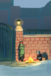  2girls alternate_costume beret black_pants black_pantyhose blue_eyes bonfire coat commentary_request doggo_1d34 fire gate green_coat green_hat grey_hair hat hat_ornament highres hong_meiling izayoi_sakuya long_hair maid_headdress multiple_girls outdoors pants pantyhose red_hair red_scarf scarf signature squatting star_(symbol) star_hat_ornament touhou winter_clothes 
