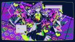  1girl @_@ barbed_wire border boxcutter double_v fence glitch highres looking_at_viewer neon_palette nou_(nounknown) pin pixel_heart scissors skirt v vocaloid window_(computing) 