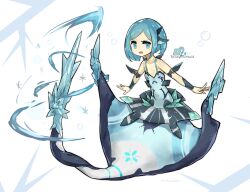  1girl :o absurdres arm_fins bare_shoulders blue_eyes blush character_name color_guide commentary_request covered_navel cryokinesis english_text fins flat_chest head_fins highres ice ice_crystal icicle kneeless_mermaid logo long_sidelocks looking_at_viewer magic manta_ray manta_ray_girl medium_hair mermaid monster_girl original parted_bangs shitoi_(aqua1487) sidelocks simple_background skirt solo spaghetti_strap tail translation_request wavy_mouth white_background wrist_guards 
