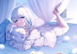  1girl absurdres ass ball blue_bow blue_bowtie blue_eyes blue_hair bow bowtie card choker closed_mouth commentary_request commission cushion frilled_cardigan frilled_choker frilled_socks frills hair_ornament hairband hairclip highres holding holding_stuffed_toy kitasaya_ai kneehighs long_hair looking_at_viewer lying off_shoulder on_bed on_stomach playing_card project_nebula second-party_source single_bare_foot single_kneehigh single_off_shoulder single_sock skeb_commission sleeves_past_wrists socks solo stuffed_animal stuffed_toy teddy_bear thank_you thigh_strap usui_yura virtual_youtuber white_choker white_hairband 