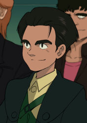  3boys beecha_oleg black_eyes black_hair brown_hair commentary dark-skinned_male dark_skin gundam gundam_zz highres jacket male_focus mondo_agake multiple_boys out_of_frame saegusa_(gundam) shioya_kozo short_hair smile tani_kazuya thick_eyebrows upper_body voice_actor_connection 