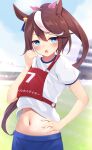  1girl absurdres alternate_costume animal_ears belly blue_eyes blurry blurry_background blush commentary_request decision5021 gym_uniform hair_between_eyes hair_ornament highres horse_ears horse_girl navel open_mouth ponytail solo tokai_teio_(umamusume) umamusume 