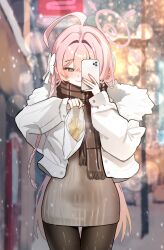  1girl \||/ absurdres ahoge black_pantyhose blue_archive blurry blurry_background braid brown_scarf cellphone commentary_request depth_of_field food fur-trimmed_jacket fur_trim green_eyes grey_sweater hair_between_eyes halo hanako_(blue_archive) highres holding holding_food holding_phone hyurumari jacket korean_commentary long_hair pantyhose phone pink_hair pink_halo ribbed_sweater scarf single_braid smartphone solo sweater taiyaki taking_picture wagashi white_jacket 