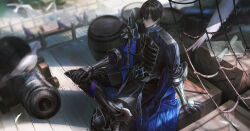  1boy :| aiguillette arm_support armor armored_boots barrel belt bird black_boots black_gloves black_jacket black_pants blue_cape blurry blurry_background blush boots cannon cape chinese_commentary closed_mouth commentary_request couter crate day dolman_(jacket) falling_feathers feathers figure_four_sitting foot_out_of_frame gem gloves greaves hair_between_eyes hand_on_own_knee highres infukun isreall_(welcome_to_dreamland) jacket long_sleeves looking_at_viewer male_focus map_(object) military_uniform pants pauldrons poleyn purple_gem sabaton scroll ship short_hair shoulder_armor sideways_glance silver_belt single_pauldron sitting solo sunlight tassel v-shaped_eyebrows vambraces violet_eyes watercraft welcome_to_dreamland white_feathers 