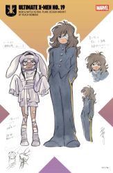 2girls absurdres animal_ears artist_name bandages black_eyes black_hair brown_hair comic_cover copyright_name cover cover_page fake_animal_ears fluffy_hair full_body gakuran hands_in_pockets height_difference highres long_hair marvel mori_(marvel) multiple_girls mummy_costume natsu_tsukishima official_alternate_costume official_art peach_momoko rabbit_ear_headwear reference_sheet school_uniform shirt shorts sleeves_past_fingers sleeves_past_wrists translation_request ultimate_x-men_(2024) white_shirt white_shorts x-men 