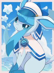  135_daso animal_focus badge blue_eyes blue_theme border closed_mouth clothed_pokemon commentary_request glaceon glaceon_(summer_sailor) hat highres looking_at_viewer necktie no_humans outside_border pokemon pokemon_(creature) pokemon_cafe_remix pokemon_focus sailor_hat sitting solo star_(symbol) twitter_username water white_border 