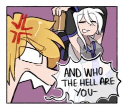  2girls akita_neru anger_vein armpits arms_up bags_under_eyes beer_can blonde_hair can closed_eyes detached_sleeves drink_can midriff mitsuko_tan multiple_girls necktie open_mouth purple_necktie sharp_teeth shouting side_ponytail speech_bubble stretch stretching teeth vocaloid white_hair yowane_haku 