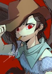  1girl bandana bandana_around_neck blue_shirt brown_hair brown_hat brown_wings commentary_request cowboy_hat doggo_1d34 feathered_wings green_bandana hand_on_headwear hat highres kurokoma_saki looking_at_viewer mouth_hold off-shoulder_shirt off_shoulder puffy_short_sleeves puffy_sleeves red_background red_eyes shirt short_sleeves signature simple_background smile solo touhou wings 