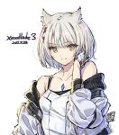  1girl animal_ears bangs breasts camisole cat_ears chest_jewel jacket looking_at_viewer mio_(xenoblade) pleated_skirt saitou_masatsugu short_hair shoulder_strap simple_background skirt small_breasts solo tank_top white_camisole white_hair white_jacket white_skirt white_tank_top xenoblade_chronicles_(series) xenoblade_chronicles_3 yellow_eyes 