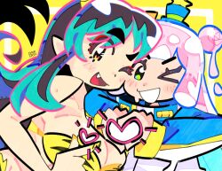  absurdres animal_print bikini black_hair blue_hair bourbunbun commentary cone_horns corocoro_comic double_bun english_commentary finger_heart fur_bikini green_eyes green_hair hair_bun hat heart heart_hands highres horns lum mini_hat mini_top_hat monster_girl multicolored_hair oni pink_hair puniru_(puniru_wa_kawaii_slime) puniru_wa_kawaii_slime slime_(substance) slime_girl slime_hair small_horns strapless strapless_bikini striped_horns swimsuit tiger_print top_hat two-tone_hair urusei_yatsura yellow_bikini yellow_eyes yellow_horns 