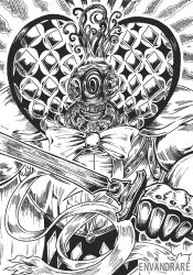  1girl absurdres artist_name bow bowtie commentary english_commentary extra_eyes gauntlets gloves greyscale highres holding holding_sword holding_weapon mahou_shoujo_madoka_magica mahou_shoujo_madoka_magica_(anime) mermaid monochrome monster_girl oktavia_von_seckendorff solo sword vandraren weapon witch_(madoka_magica) 