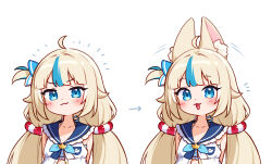  :3 animal_ear_fluff animal_ears blonde_hair blue_eyes blue_streaks cat_ears commentary dress english_commentary fins fish_girl fish_tail frilled_sailor_collar frills highres indie_virtual_youtuber lifebuoy_anklet lifebuoy_hair_ornament long_hair looking_at_viewer low_twintails moorina multicolored_hair one_side_up open_clothes open_dress paper_boat sailor_collar sameko_saba sameko_saba_(1st_costume) streaked_hair tail twintails very_long_hair virtual_youtuber white_dress 