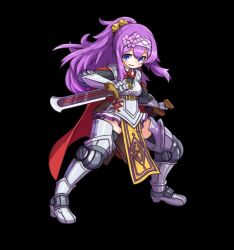  1girl armor bell black_background black_thighhighs blue_eyes blush breasts cloak dual_wielding flower full_body gauntlets greaves hair_between_eyes hair_flower hair_ornament hairband holding holding_sword holding_weapon lavender_(merc_storia) long_hair long_sleeves medium_breasts merc_storia merc_storia_art_team official_art open_mouth ponytail purple_hair red_cloak red_ribbon reverse_grip ribbon sidelocks simple_background smile solo standing sword tachi-e thigh-highs thighs weapon 