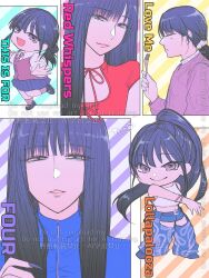  1girl animification aoi_toramatsu belt black_belt black_hair black_shoes blue_shorts blue_skirt brown_eyes brown_necktie brown_vest chaps chibi commentary_request crop_top dahyun_(twice) english_text floating_hair grey_eyes hair_behind_ear hair_bun half-closed_eyes highres ji_hye-on k-pop long_hair looking_at_viewer love_me_(k-drama) midriff multiple_views navel necktie open_hand parted_lips pink_lips pleated_skirt ponytail purple_sweater real_life red_shirt school_uniform shirt shoes shorts single_hair_bun skirt smile sweater this_is_for_(twice) twice_(group) v-shaped_eyebrows very_long_hair vest white_shirt 