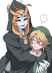  ! 1boy 1girl arms_around_neck blue_skin blue_tunic blush colored_skin commentary_request eyeshadow front_ponytail green_tunic highres hug hug_from_behind link makeup mature_female midna midna_(true) nasu_(ilo_a5) orange_hair protected_link purple_eyeshadow seductive_smile smile speech_bubble spoken_exclamation_mark the_legend_of_zelda the_legend_of_zelda:_twilight_princess tunic 