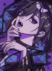  1boy absurdres bishounen black_hair collar colored_tongue ear_piercing earrings eyelashes hair_between_eyes hair_ornament hashtag-only_commentary highres holostars hood jacket jewelry kanade_izuru kanade_izuru_(1st_costume) lightning_bolt_hair_ornament lightning_bolt_symbol long_sleeves looking_at_viewer male_focus nail_polish open_mouth padded_jacket paw_print piercing portrait purple_background purple_theme purple_tongue short_hair slit_pupils solo sparkle spiked_collar spikes tongue tongue_out violet_eyes virtual_youtuber yu_yu_(yuyuuuu99550771) 