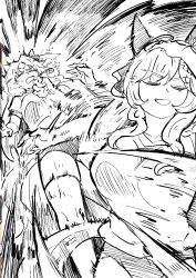  2girls afterimage animal_ears arms_up buruma closed_eyes commentary_request ear_covers falling gentildonna_(umamusume) gym_shirt gym_uniform hand_on_own_head highres horse_ears horse_girl horse_tail hyokun1004 korean_commentary long_hair meme monochrome motion_lines multiple_girls naoya_hitting_choso_without_looking_(meme) open_mouth shirt short_sleeves tail thigh-highs umamusume v-shaped_eyebrows verxina_(umamusume) 