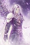  1boy armor belt black_feathers black_jacket elena_ivlyushkina feathers final_fantasy final_fantasy_vii final_fantasy_vii_remake gloves green_eyes highres jacket long_hair looking_at_viewer male_focus sephiroth single_wing smile solo wings 
