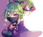  010setsu 1girl bangs breasts cloak eyebrows_behind_hair genshin_impact green_hair hair_between_eyes hair_ribbon japanese_clothes kuki_shinobu mask ponytail ribbon short_hair simple_background solo upper_body violet_eyes 