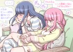  2girls artist_name bangs blue_eyes blue_hair blue_pajamas blunt_bangs blush braid breasts closed_eyes couch cushion hand_on_own_face heart long_hair magia_record:_mahou_shoujo_madoka_magica_gaiden mahou_shoujo_madoka_magica medium_breasts multiple_girls nanami_yachiyo on_couch open_mouth pajamas pink_eyes pink_hair pink_pajamas sidelocks sitting small_breasts smile speech_bubble striped striped_pajamas studiozombie tamaki_iroha thought_bubble touching translation_request yuri 