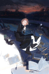  1boy 3girls absurdres asya_shubina black_boots black_dress book boots chinese_commentary closed_eyes closed_mouth clouds cloudy_sky commentary_request crying desk dress eraser floating floating_hair green_hair highres ira_grachevskaya marina_kaplan multiple_girls open_book orange_sky own_hands_clasped own_hands_together pen school_desk short_hair sky skyline sunset vadim_garin z.a.t.o._//_i_love_the_world_and_everything_in_it zygocactus 