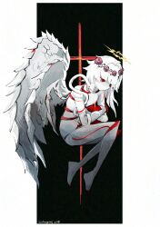  1other akagami_0011 artist_name black_background colored_skin commentary_request crossed_arms e.g.o_(project_moon) employee_(project_moon) halo highres lobotomy_corporation nugget_(project_moon) paradise_lost_(e.g.o) project_moon red_eyes short_hair twitter_username two-tone_background white_background white_hair white_skin white_wings wings 