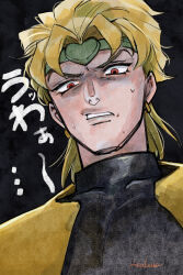  1boy asakeno black_background blonde_hair commentary_request dio_brando earrings headband highres jewelry jojo_no_kimyou_na_bouken looking_down male_focus portrait red_eyes scowl shaded_face signature stardust_crusaders translation_request 
