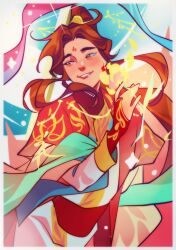  1boy aqua_shawl blush brown_eyes brown_hair chinese_clothes commentary day earrings english_commentary facial_mark flower gold_trim hair_ornament hanfu high_ponytail highres holding holding_flower huadian jewelry layered_clothes long_hair long_sleeves makeup male_focus official_alternate_costume official_alternate_hairstyle open_mouth ornate_clothes outdoors ponytail quelmdn red_hanfu shawl smile solo tianguan_cifu two-tone_hanfu upper_body white_hanfu wide_sleeves xiao_guan_(headdress) xie_lian xie_lian_(flower_crowned_martial_god) yellow_flower 