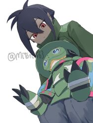  1boy armor black_hair black_pants brown_eyes commentary_request dark-skinned_male dark_skin digimon digimon_(creature) digimon_beatbreak goggles granit_(digimon) green_armor green_helmet green_jacket helmet highres jacket ludomon mitoron63 pants simple_background sitting sitting_on_lap sitting_on_person twitter_username white_background 