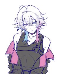  1boy absurdres bishounen blue_eyes blue_hair choker commentary english_commentary eyelashes gavis_bettel grey_hair hair_between_eyes heterochromia highres holostars holostars_english long_sleeves looking_at_viewer male_focus medium_hair multicolored_hair off_shoulder pink_eyes pink_hair sketch solo tazik upper_body virtual_youtuber white_background 