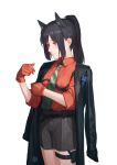 1girl absurdres animal_ears arknights bangs black_hair black_jacket black_shorts commentary english_commentary gloves green_necktie highres jacket long_hair necktie open_clothes open_jacket ponytail red_eyes red_gloves red_shirt shirt shorts simple_background sleeves_rolled_up solo striped_necktie texas_(arknights) thigh_strap white_background wolf_ears yidie 