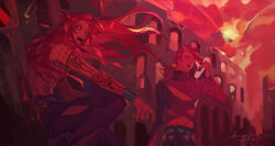  2boys absurdres aranloce clothing_cutout colosseum commentary dated diavolo english_commentary floating_hair highres jojo_no_kimyou_na_bouken long_hair multiple_boys phone polka_dot polka_dot_hair signature vento_aureo vinegar_doppio 