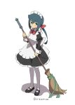  1girl :/ ahoge alternate_costume apron arikindows10 back_bow bangs black_dress black_footwear blue_hair blush bow bowtie broom closed_mouth collared_dress constanze_amalie_von_braunschbank-albrechtsberger dress enmaided frilled_apron frilled_dress frills full_body green_eyes green_ribbon hair_between_eyes hair_bow hair_ornament holding holding_broom juliet_sleeves little_witch_academia long_hair long_sleeves looking_at_viewer low_ponytail maid maid_headdress mary_janes pantyhose puffy_sleeves red_bow red_bowtie ribbon shoes sidelocks simple_background solo standing thick_eyebrows twitter_username white_apron white_background white_bow white_legwear wrist_cuffs 