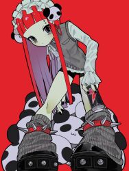  1girl 9_ron23 black_nails black_shoes black_shorts blunt_bangs can closed_mouth energy_drink face_piercing forehead_piercing frilled_sleeves frills full_body grey_eyes grey_jacket grey_leg_warmers hair_ornament holding holding_can jacket leaning_forward leg_warmers long_hair long_sidelocks long_sleeves looking_at_viewer maid_headdress nail_polish original panda panda_hair_ornament piercing platform_shoes red_background red_hair shirt shoes shorts sidelocks simple_background sleeveless sleeveless_jacket sleeves_past_wrists solo spiked_legwear standing track_jacket white_shirt 