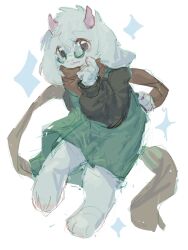  1boy animal_ears animal_feet brown_sleeves commentary_request deltarune dou_jiao_bei_w full_body furry furry_male glasses goat_boy goat_ears goat_horns green-framed_eyewear green_robe highres horns open_mouth orange_eyes orange_scarf pink_horns ralsei robe round_eyewear scarf simple_background utdr_(toby_fox) white_background white_fur 