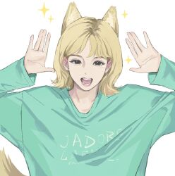  1girl animal_ears animification black_eyes blonde_hair dog_ears dog_girl dog_tail green_shirt hair_behind_ear jeongyeon_(twice) k-pop kemonomimi_mode liiix46 long_sleeves looking_at_viewer medium_hair open_hands open_mouth real_life shirt smile solo sparkle tail twice_(group) upper_body white_background 