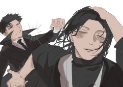  2boys adjusting_hair black_coat black_hair black_haori closed_eyes coat commentary dvendvendven english_commentary hair_slicked_back hand_in_own_hair hand_on_own_head haori highres japanese_clothes jujutsu_kaisen kagurabachi long_sleeves male_focus medium_hair meme multiple_boys naoya_hitting_choso_without_looking_(meme) necktie rapid_punches red_eyes rokuhira_chihiro scar scar_on_face scene_reference short_hair soga_akemura sword weapon 