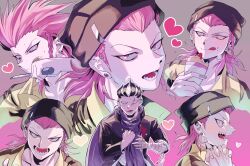  2boys absurdres bandaged_hand bandages black_hat braid commentary_request danganronpa_(series) danganronpa_2:_goodbye_despair food food_on_face hat heart highres holding holding_screwdriver licking_lips luckyland1985 male_focus multiple_boys multiple_views pink_hair purple_scarf scar scar_on_face scarf screwdriver sharp_teeth short_hair sideburns soda_kazuichi tanaka_gundham teeth tongue tongue_out wiping_face 
