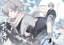  1boy ahoge androgynous animal-themed_food apron black_boots black_bow black_gloves black_haori black_jacket black_sash blue_background blue_butterfly blue_eyes blue_gem blue_jacket bolo_tie boots bow bowl brooch bug butterfly butterfly_background buttons chasen chawan closed_mouth collared_shirt colored_eyelashes commentary_request contrast_lapels double-breasted expressionless eyes_visible_through_hair flower food full_body fur-trimmed_jacket fur_trim gem gloves grey_hair grey_kimono hair_flower hair_ornament hair_over_one_eye hair_rings hair_stick haori highres holding holding_sword holding_tray holding_weapon jacket japanese_clothes jewelry jitome katana kimono lapels leaf_hair_ornament long_hair looking_at_viewer male_focus medium_hair multicolored_hair multiple_views notched_lapels off_shoulder open_clothes open_jacket original outline parted_lips patterned_clothing projected_inset saba_sosk sash scarf seigaiha shaved_ice sheath shirt shirt_under_kimono sideways_glance single_hair_ring solo standing streaked_hair sword tray two-tone_background two-tone_hair unsheathing upper_body waist_apron waist_bow waist_sash waiter weapon white_apron white_background white_hair white_outline white_scarf white_streaks wide_sleeves 