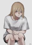  1girl black_shorts blonde_hair blue_eyes cigarette highres mole mole_under_eye open_mouth original shirt shorts smoke smoking tabao white_background white_shirt 